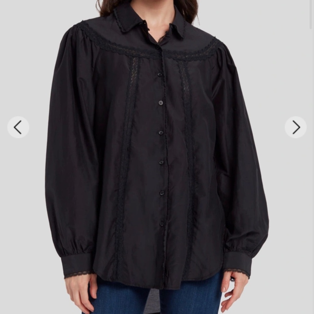 LS LACE TRIM BLOUSE COTTON SILK BLACK